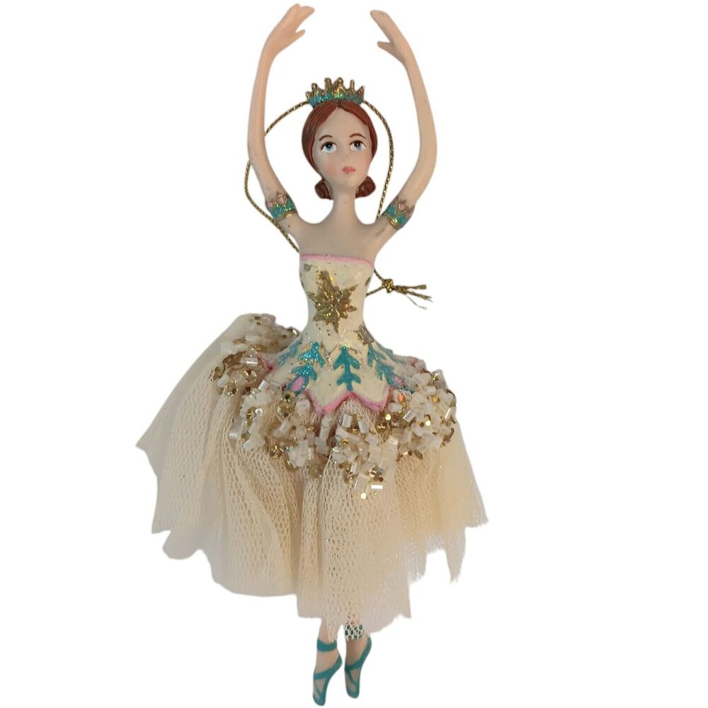 Ballerina Christmas Ornament Brown Hair Blue Slippers & Crown Bedazzled Tutu